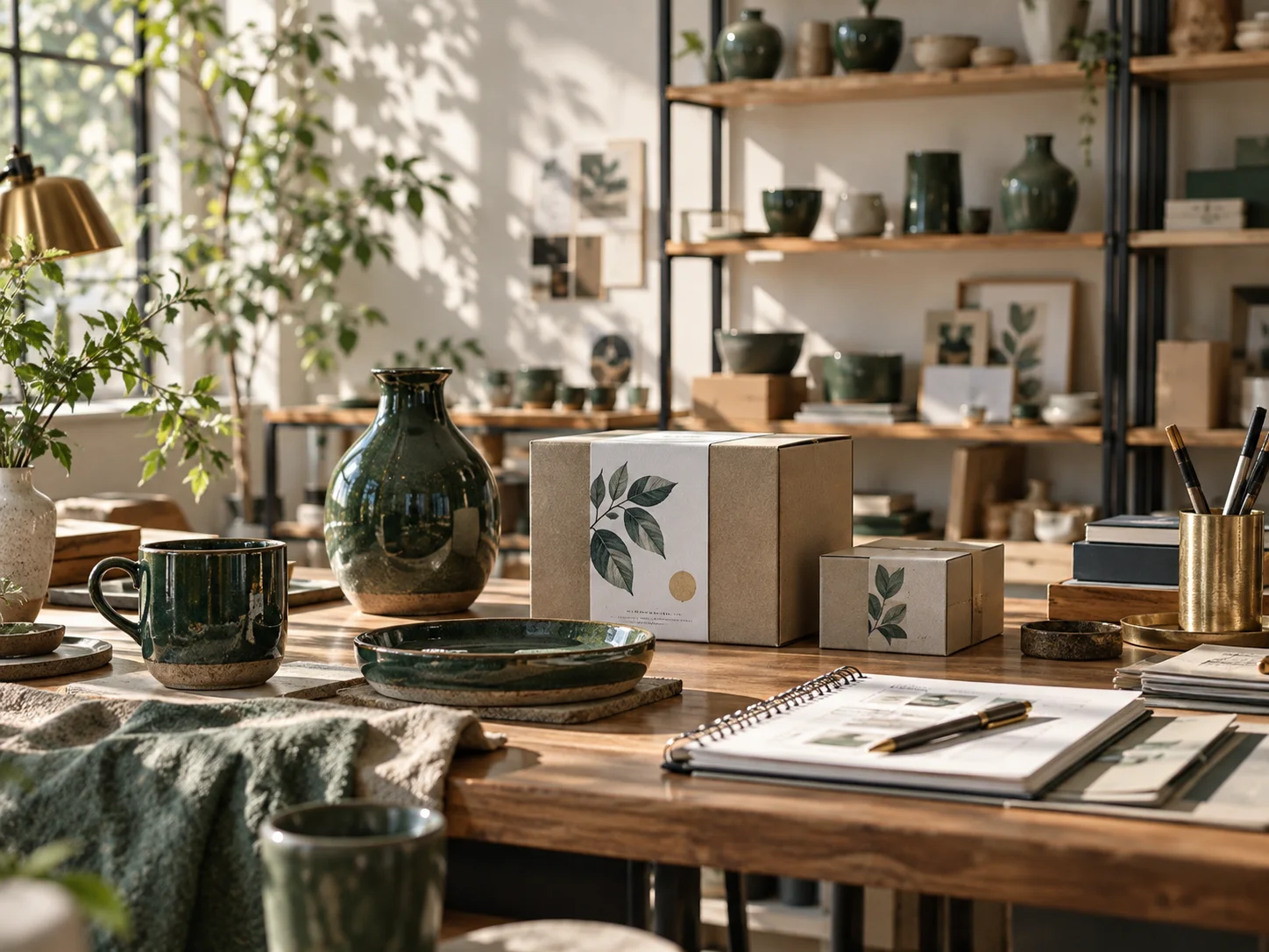 产品设计工作室的陶瓷和包装样品，旁边只有少量业务记录，账务支持产品经营的关系明确