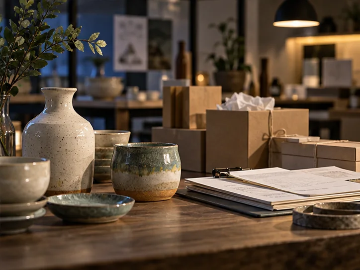 产品设计工作室的陶瓷和包装样品，旁边只有少量业务记录，账务支持产品经营的关系明确