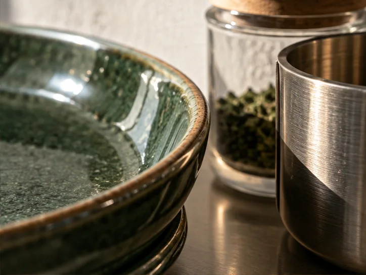 经营器皿的釉面、不锈钢细纹和玻璃接触处,体现经营准备中的认真