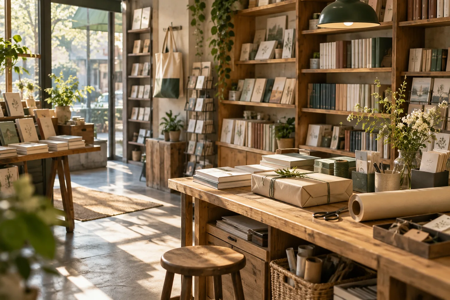 小型图书与文创门店的货架和包装区,书脊无可读文字,表现经营条件准备