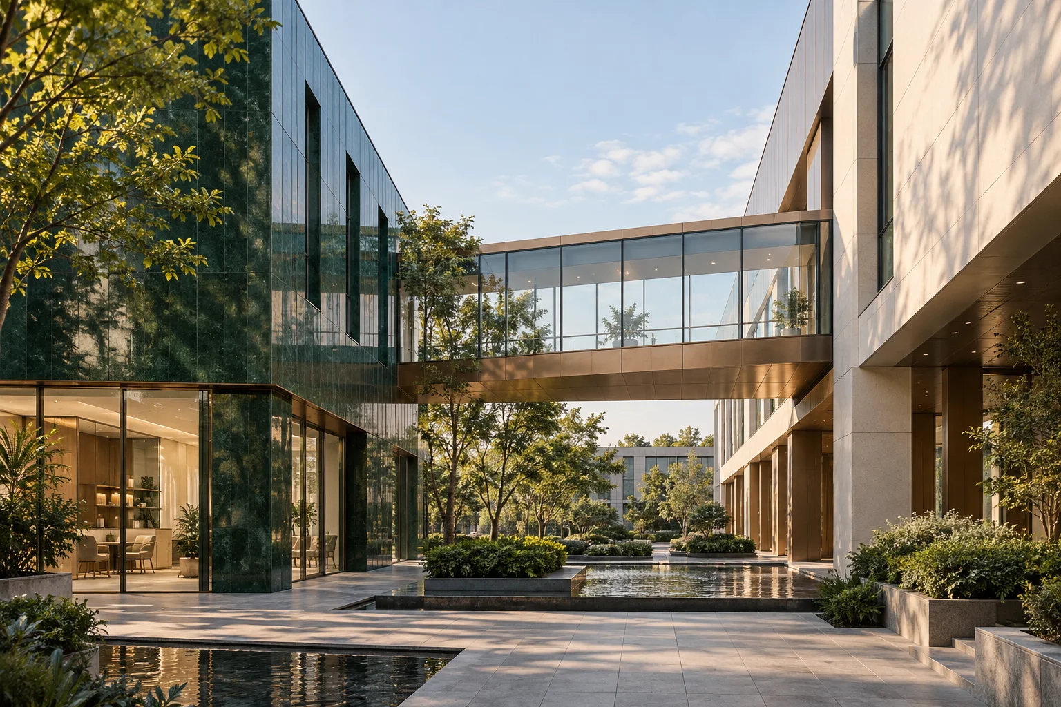 两翼不同材质的建筑通过通透廊桥相连,体量真实克制,以空间关系表达调整与协同