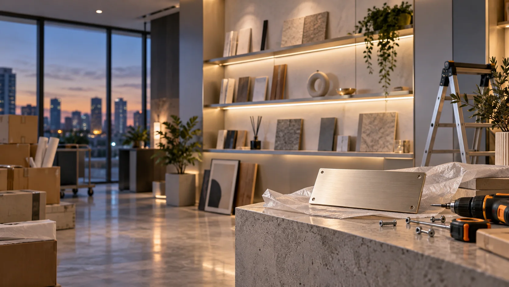 新工作室的样品展示墙刚布置好,未安装的空白门牌与工具放在前景,表达搬迁更新