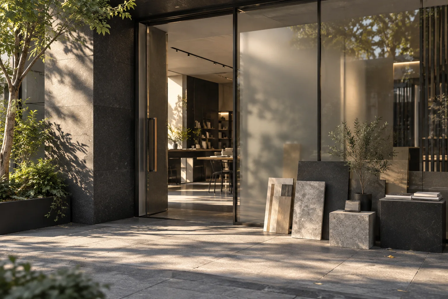 有石材门庭与磨砂玻璃的沿街商业空间，前景可见待布置的展示样品