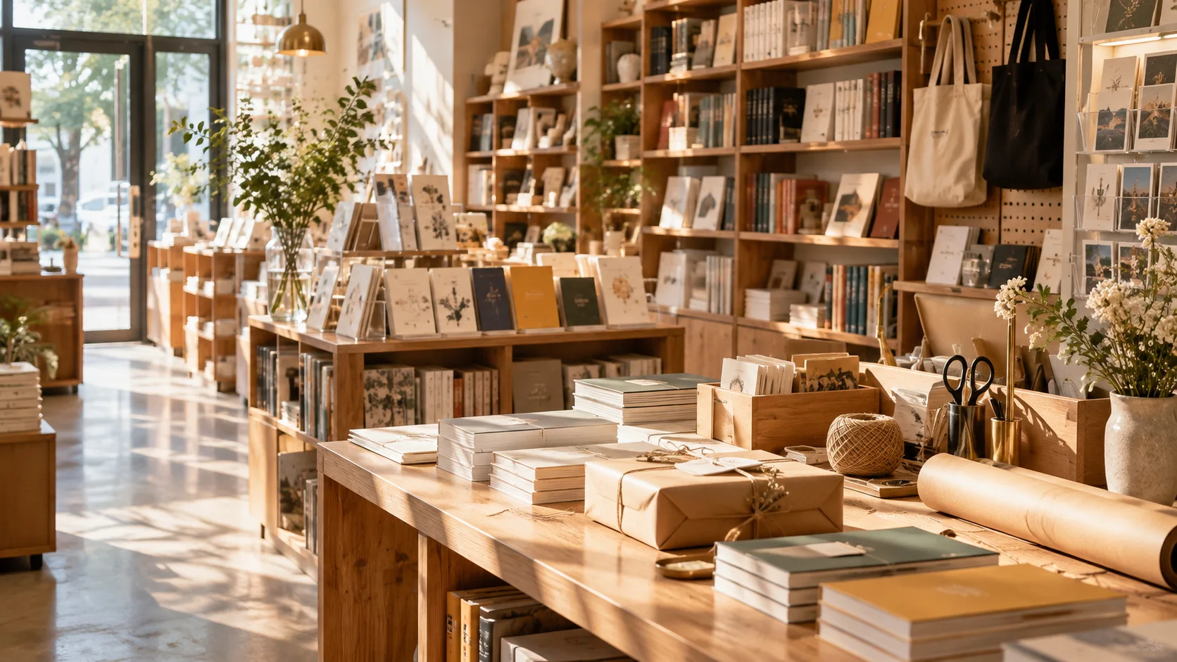 小型图书与文创门店的货架和包装区,书脊无可读文字,表现经营条件准备