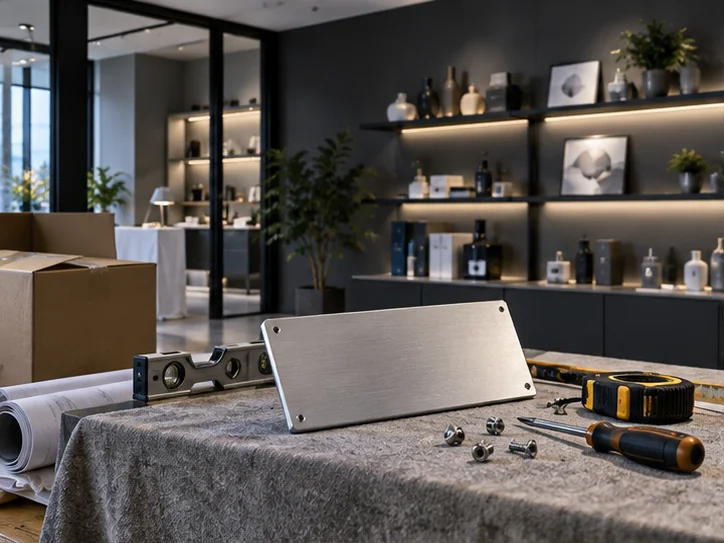 新工作室的样品展示墙刚布置好,未安装的空白门牌与工具放在前景,表达搬迁更新
