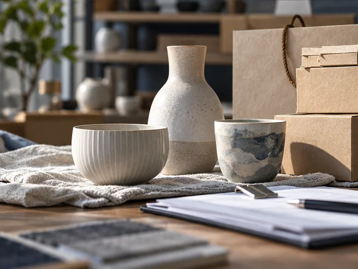 产品设计工作室的陶瓷和包装样品,旁边只有少量业务记录,账务支持产品经营的关系明确