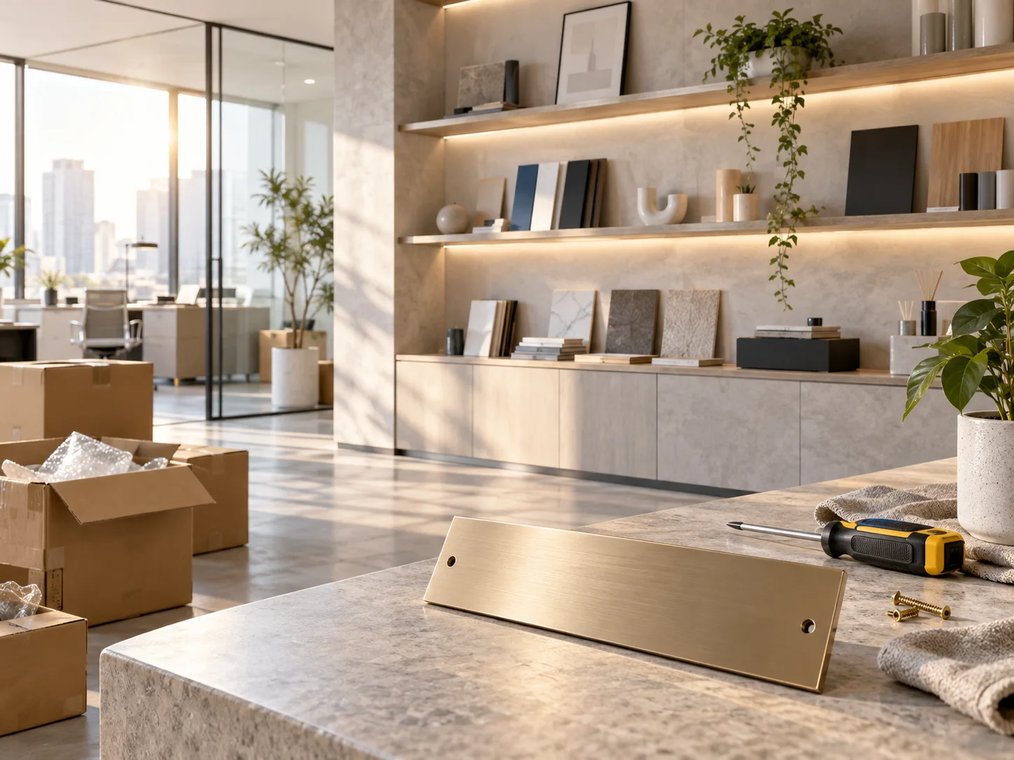 新工作室的样品展示墙刚布置好，未安装的空白门牌与工具放在前景，表达搬迁更新