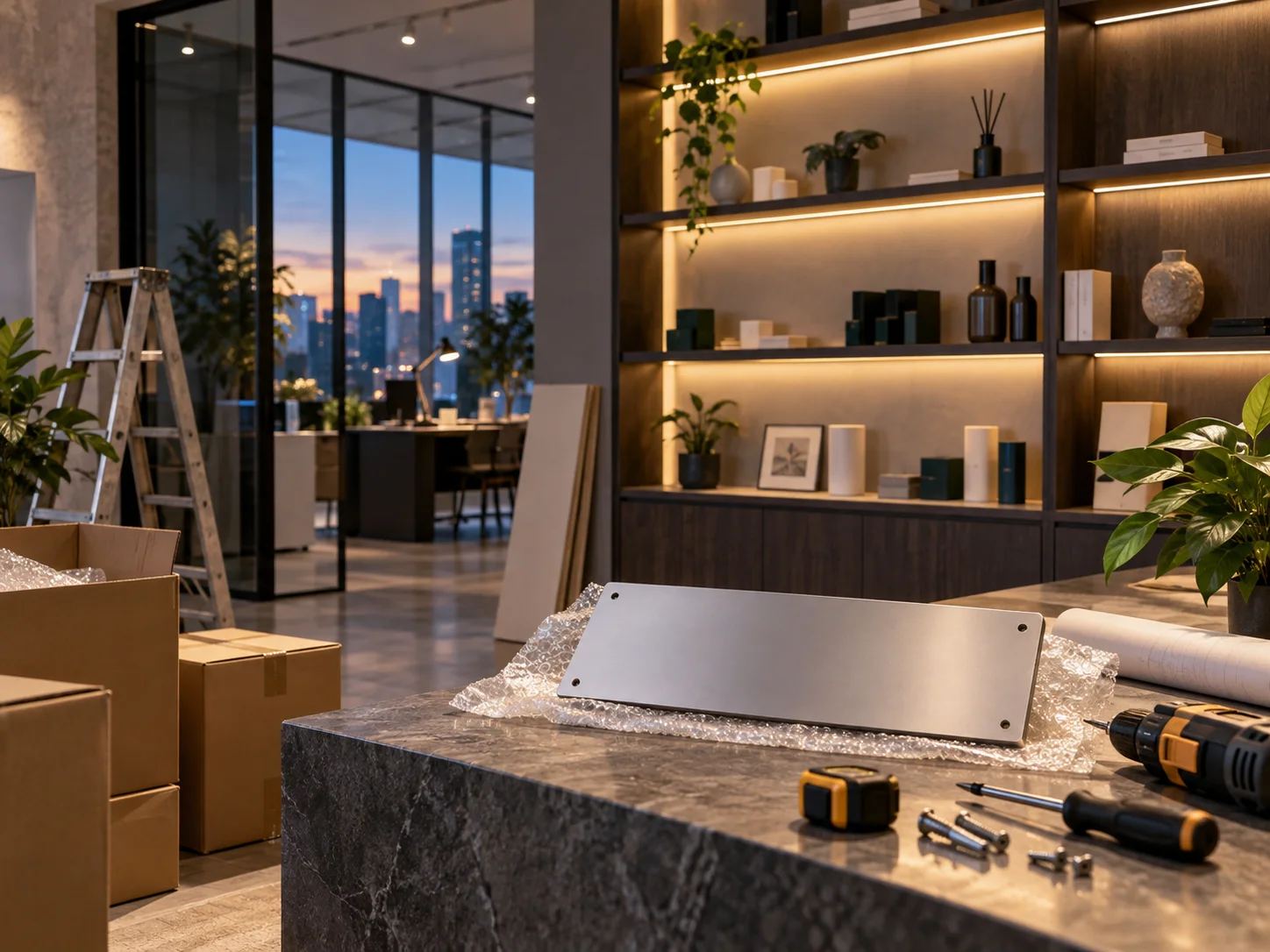 新工作室的样品展示墙刚布置好,未安装的空白门牌与工具放在前景,表达搬迁更新