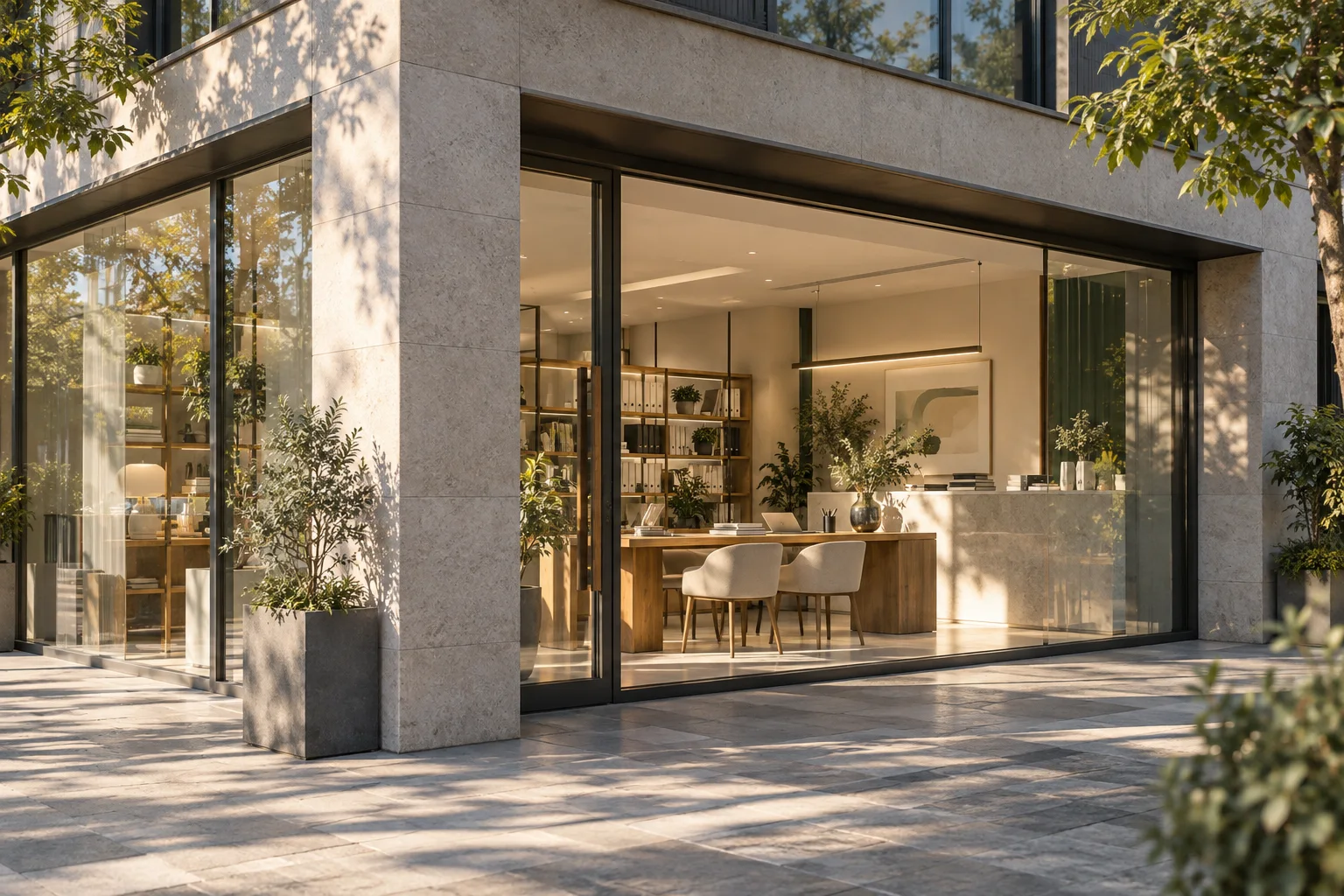 通透的现代街角独立店铺,石材门廊框住温暖的陈列空间,经营日常已从容展开