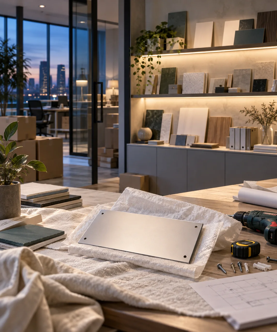新工作室的样品展示墙刚布置好,未安装的空白门牌与工具放在前景,表达搬迁更新