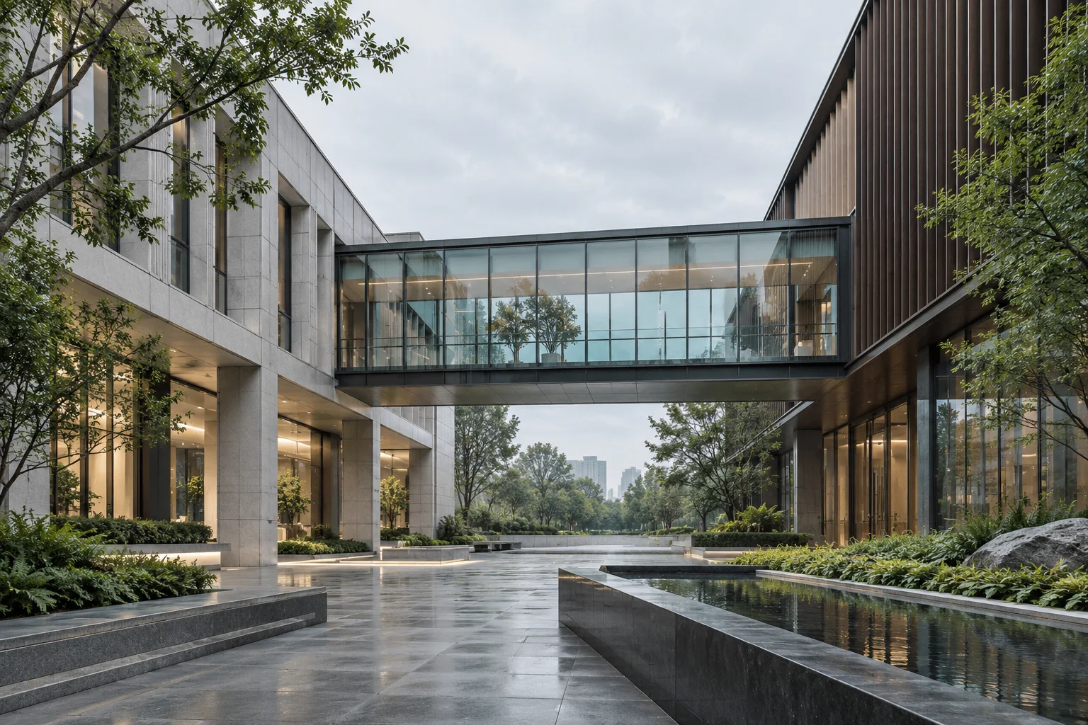 两翼不同材质的建筑通过通透廊桥相连，体量真实克制，以空间关系表达调整与协同