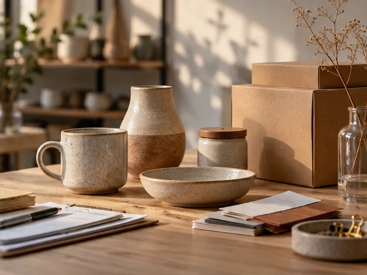 产品设计工作室的陶瓷和包装样品,旁边只有少量业务记录,账务支持产品经营的关系明确