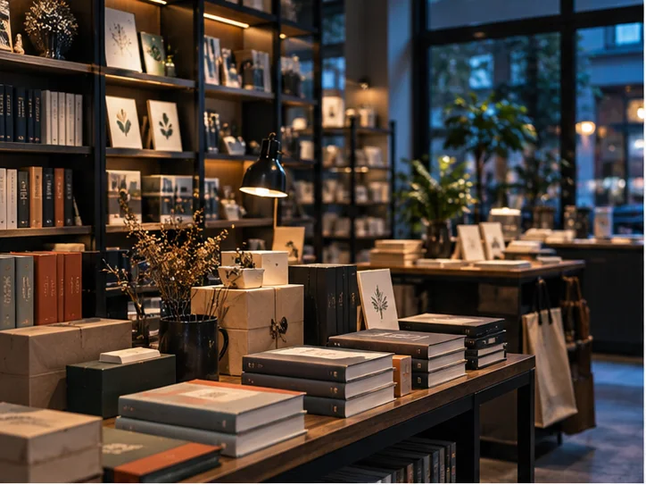 小型图书与文创门店的货架和包装区,书脊无可读文字,表现经营条件准备