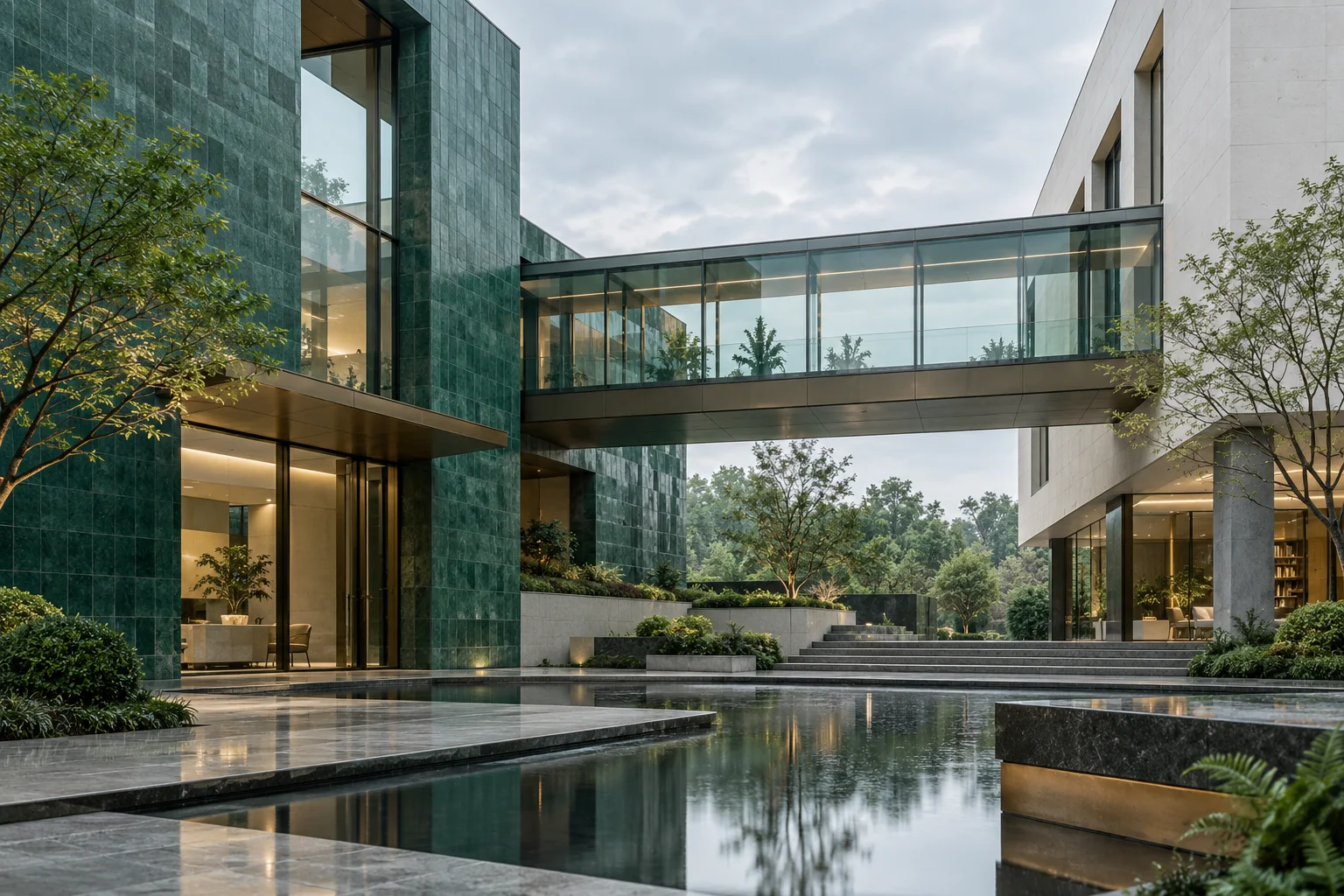两翼不同材质的建筑通过通透廊桥相连,体量真实克制,以空间关系表达调整与协同