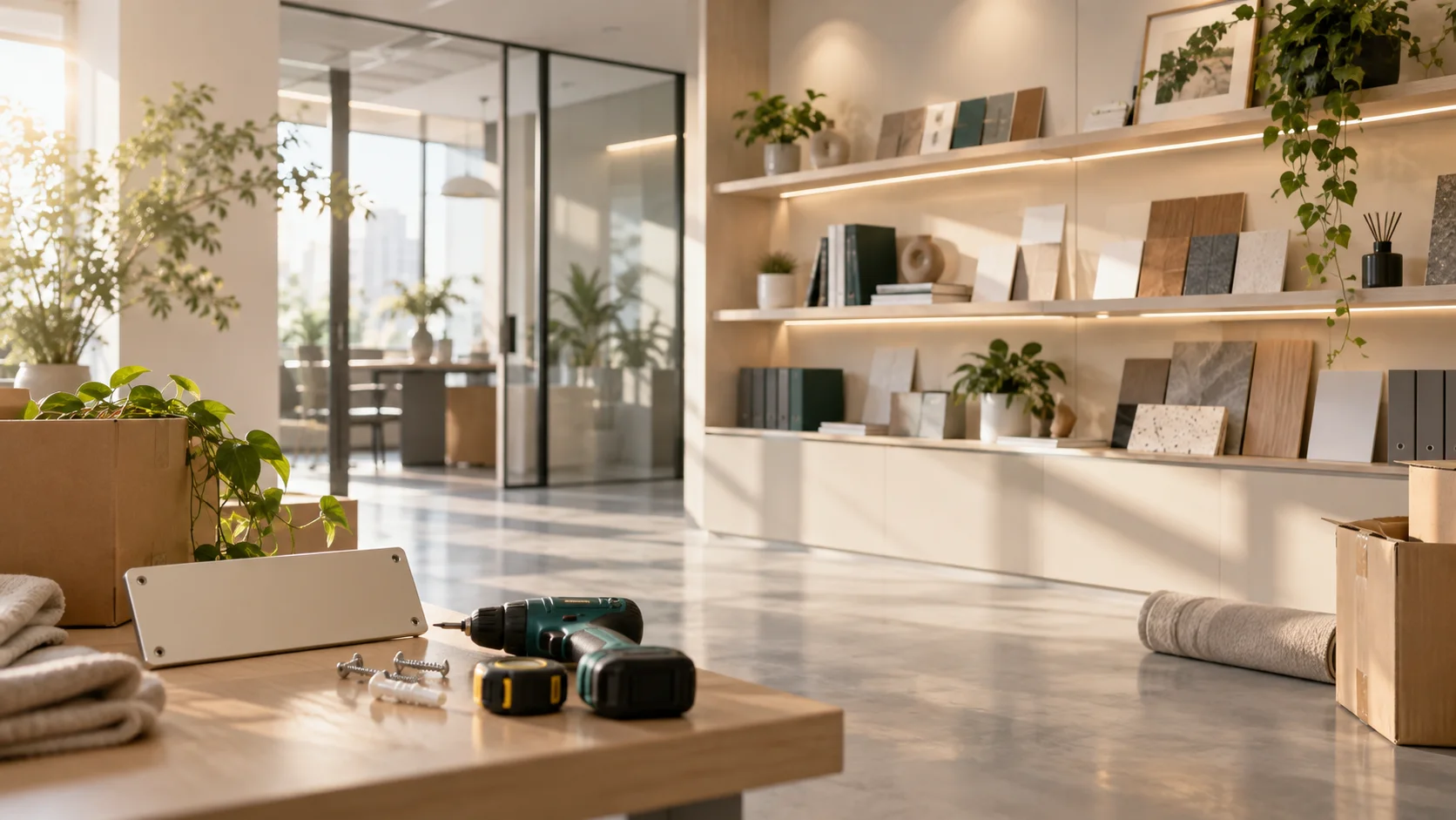 新工作室的样品展示墙刚布置好,未安装的空白门牌与工具放在前景,表达搬迁更新