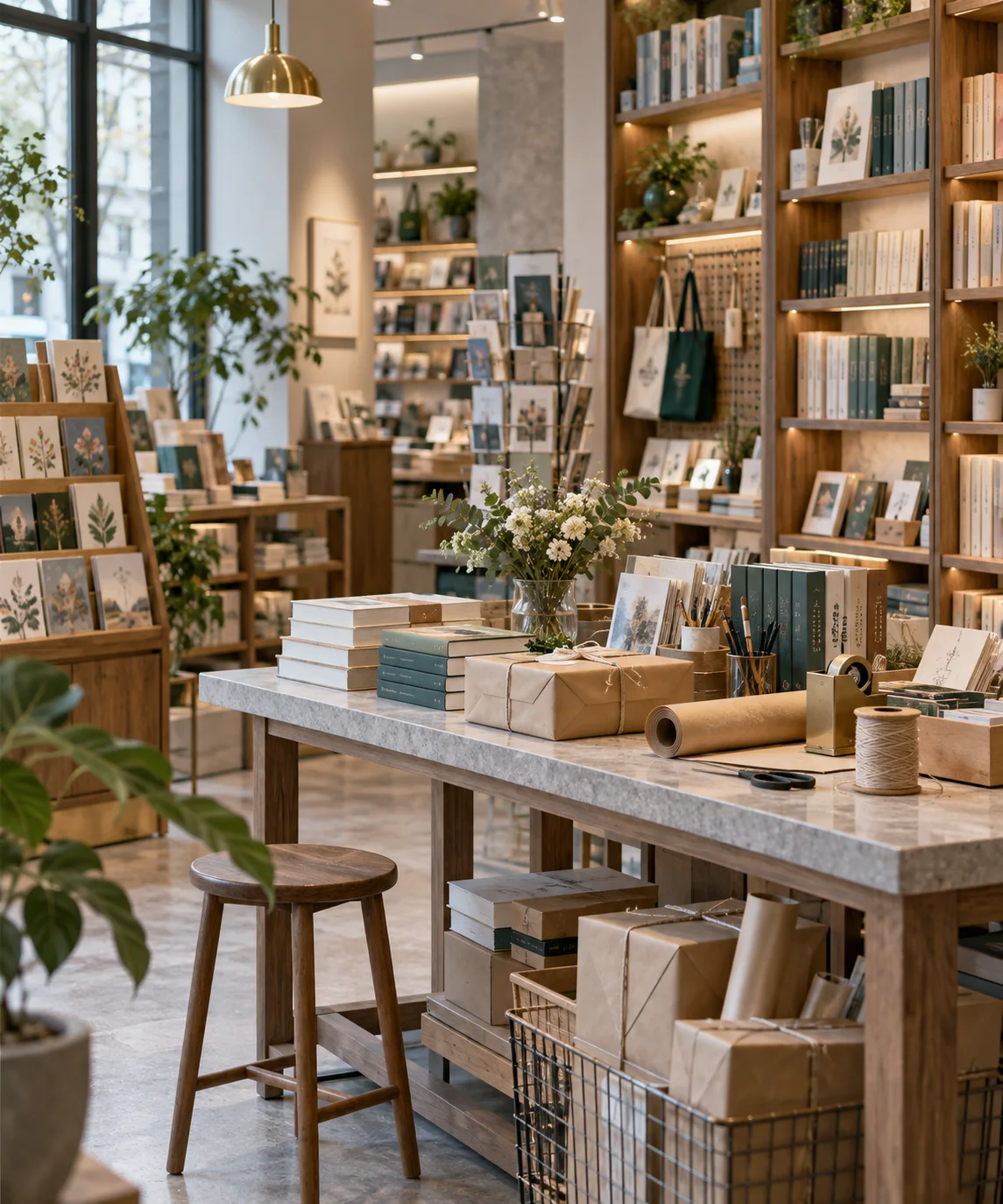 小型图书与文创门店的货架和包装区，书脊无可读文字，表现经营条件准备