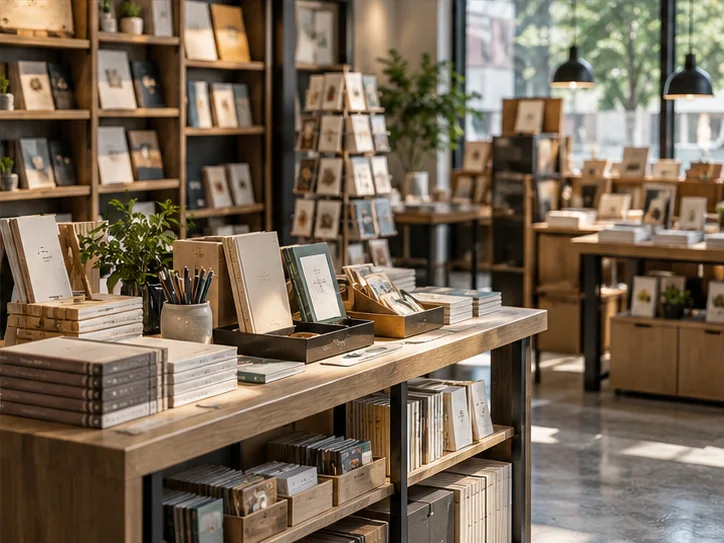 小型图书与文创门店的货架和包装区，书脊无可读文字，表现经营条件准备