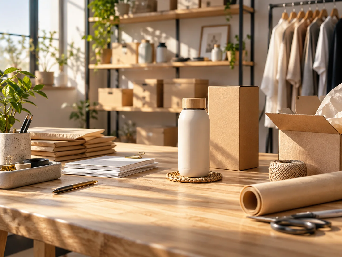 电商样品间里的单件商品、包装纸和待归集订单，选物克制而不拍仓库流水账