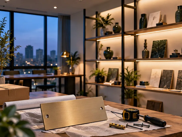 新工作室的样品展示墙刚布置好,未安装的空白门牌与工具放在前景,表达搬迁更新