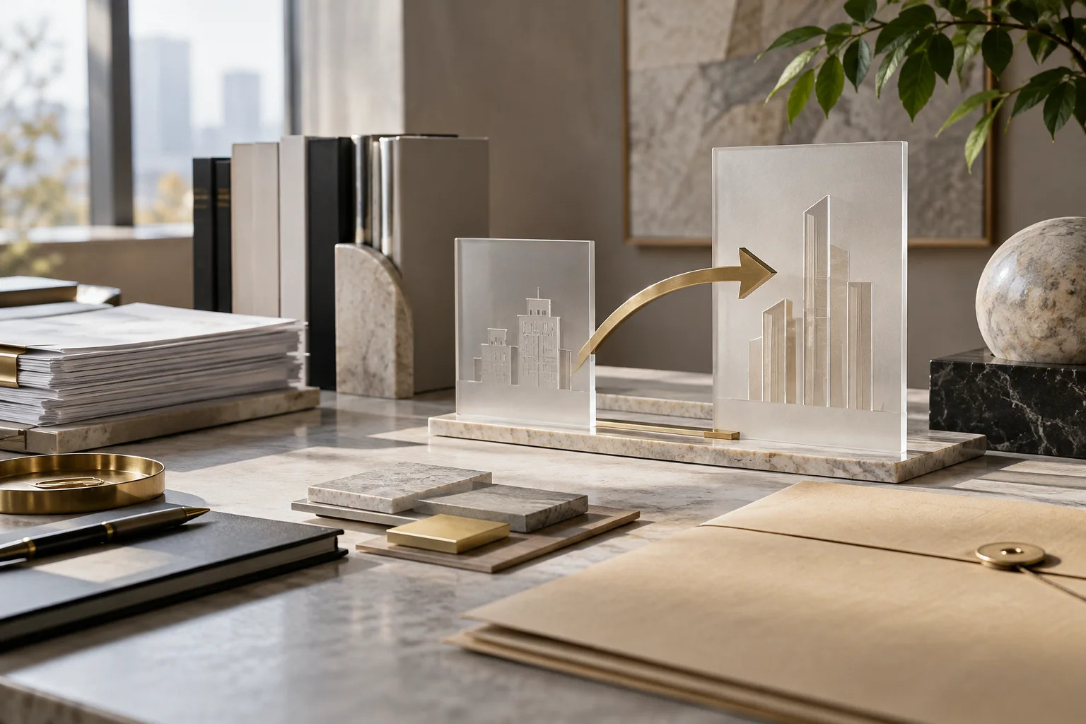 一组实体名称牌、空间模型材质片和档案封套被重新编排成完整关系，体现企业更新