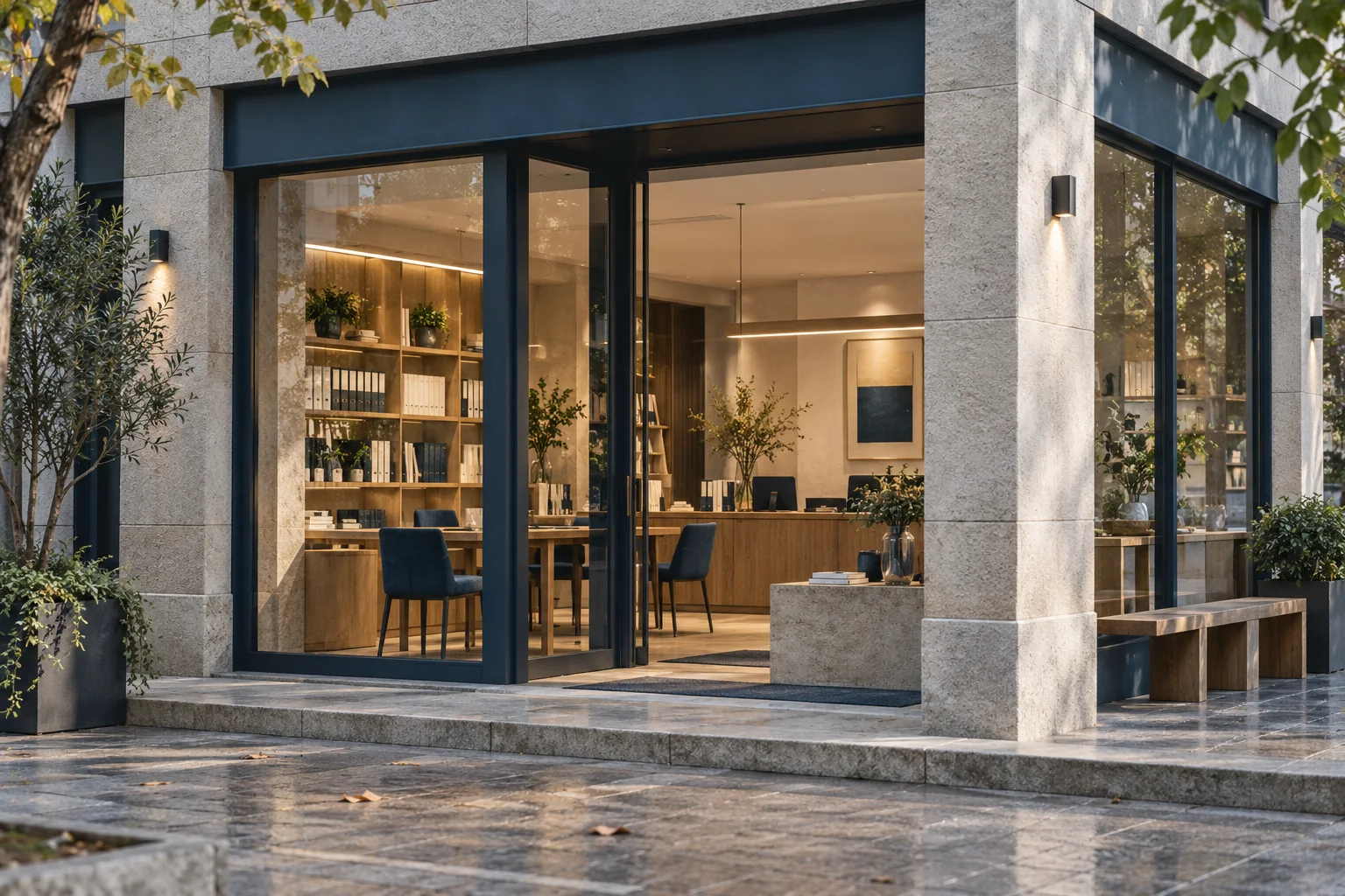 通透的现代街角独立店铺,石材门廊框住温暖的陈列空间,经营日常已从容展开