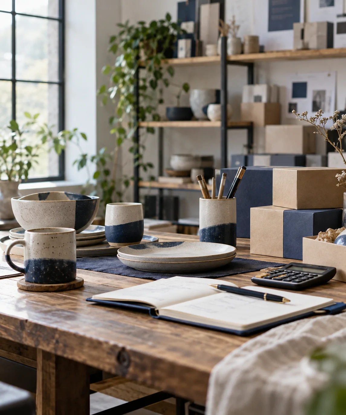 产品设计工作室的陶瓷和包装样品,旁边只有少量业务记录,账务支持产品经营的关系明确