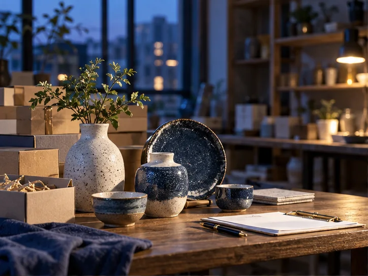产品设计工作室的陶瓷和包装样品,旁边只有少量业务记录,账务支持产品经营的关系明确