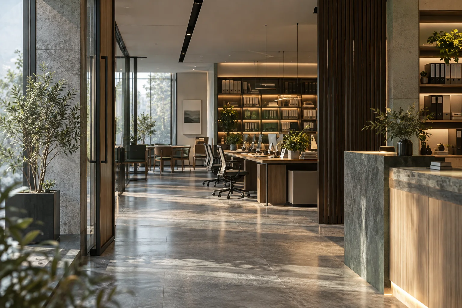 灯光刚亮起的经营空间，入口、工作区、储物区形成连续深度，呈现有准备地开业