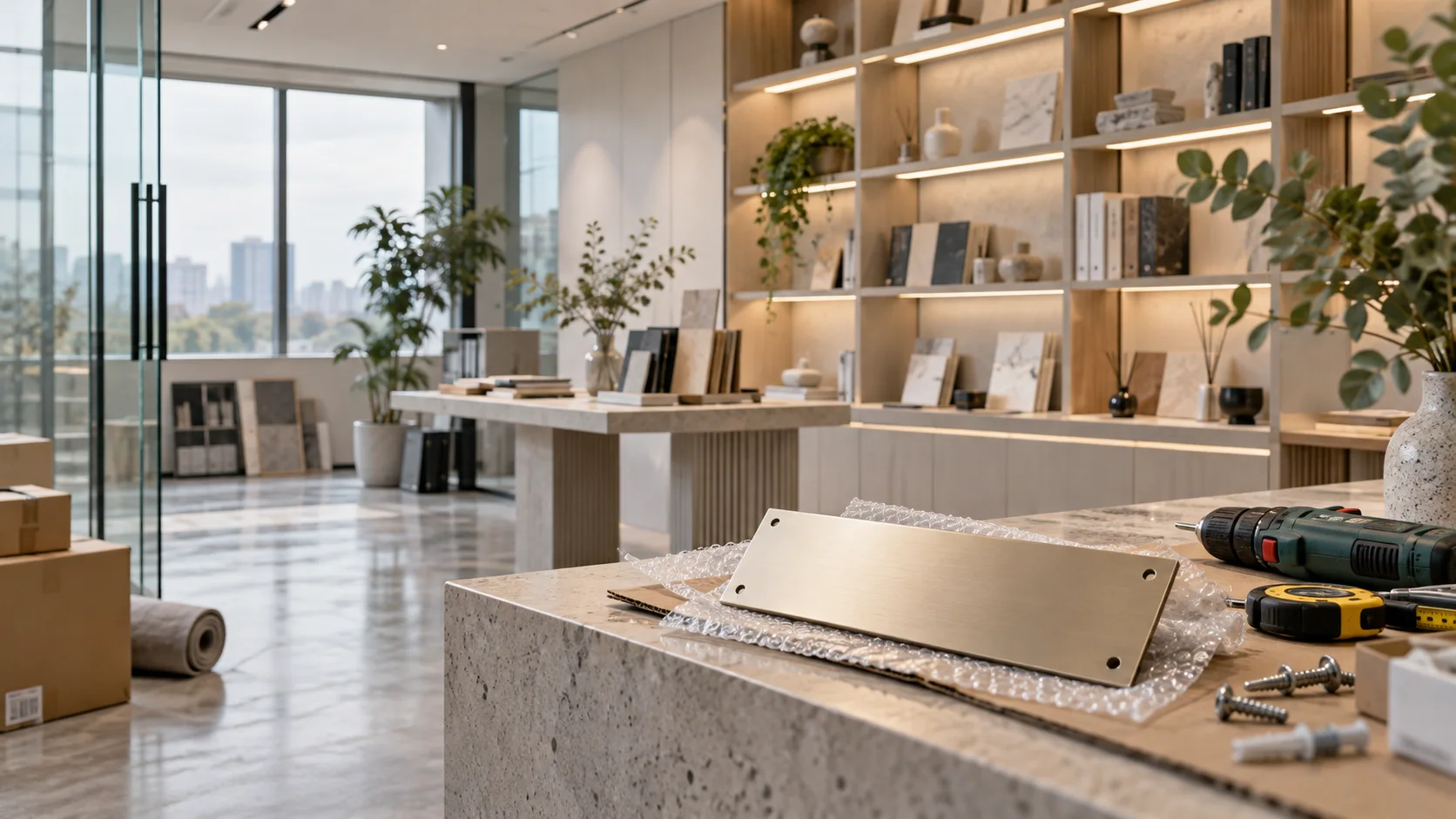 新工作室的样品展示墙刚布置好，未安装的空白门牌与工具放在前景，表达搬迁更新