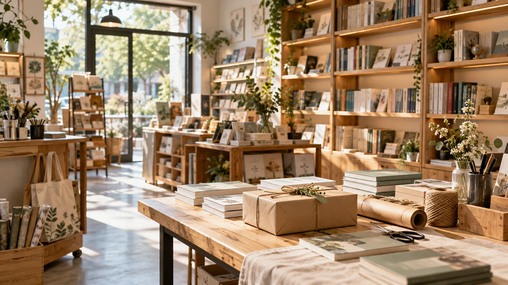 小型图书与文创门店的货架和包装区,书脊无可读文字,表现经营条件准备