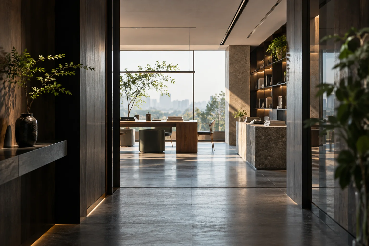 由深色窄廊望向明亮的产品展示空间，以清楚的空间层次表达把繁杂事务交给支持服务