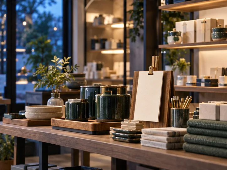 精致小型零售空间的陈列架、产品和空白订单卡，前后景有层次