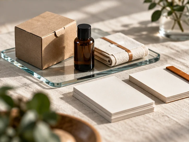 几件小型产品样品与对应无字记录卡，薄玻璃托盘连接两者，表现账务跟随生意