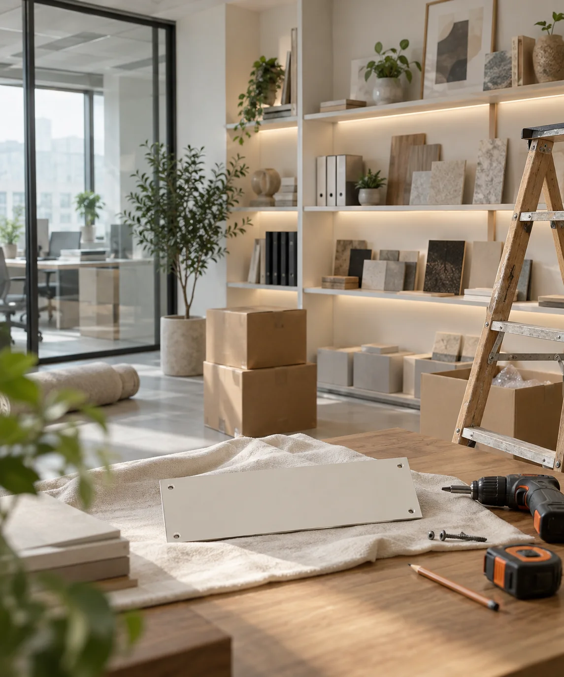 新工作室的样品展示墙刚布置好，未安装的空白门牌与工具放在前景，表达搬迁更新