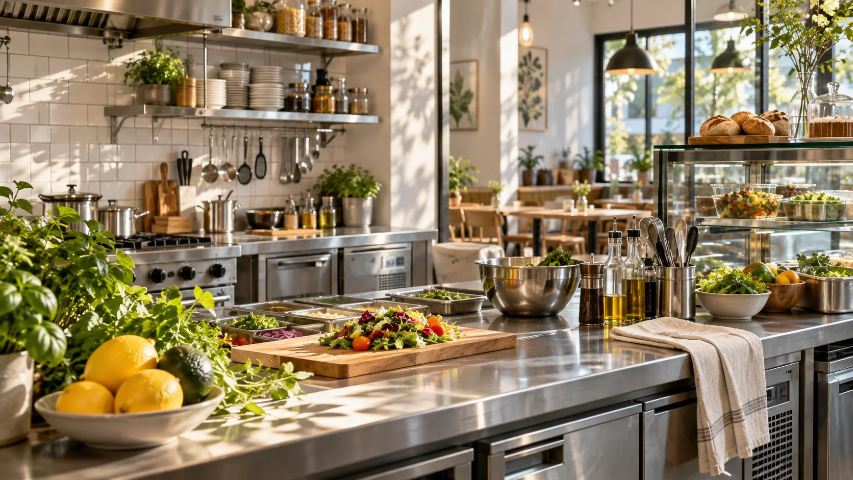 食品经营筹备中的精品轻餐空间,不锈钢操作台、釉面砖、玻璃器皿和清楚的分区