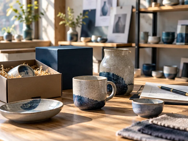 产品设计工作室的陶瓷和包装样品，旁边只有少量业务记录，账务支持产品经营的关系明确