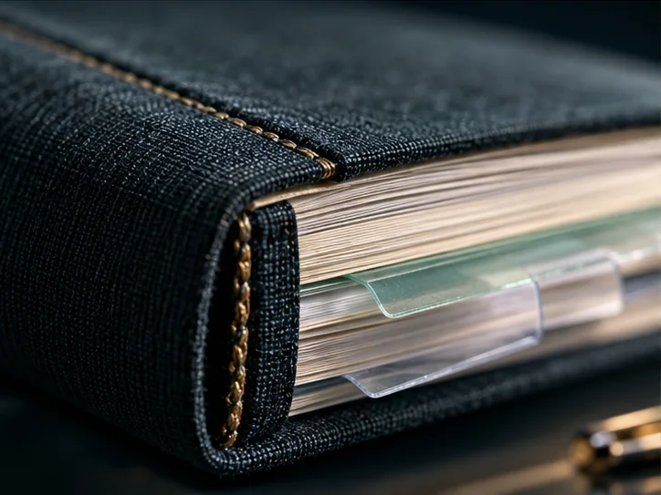 侧光掠过布面账册书脊与薄纸页边缘,旁边一组透明隔页形成精细层次