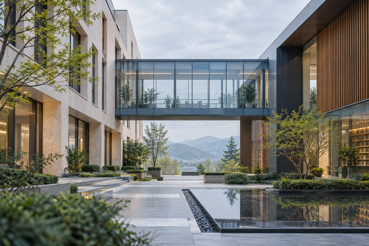 两翼不同材质的建筑通过通透廊桥相连,体量真实克制,以空间关系表达调整与协同