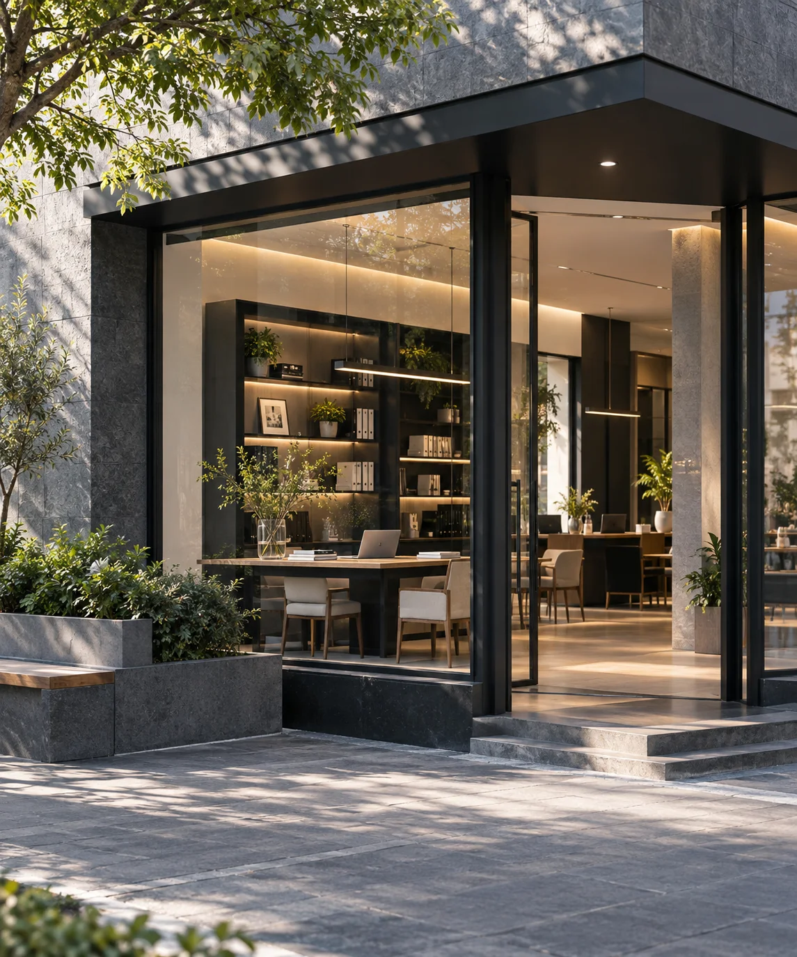 通透的现代街角独立店铺,石材门廊框住温暖的陈列空间,经营日常已从容展开