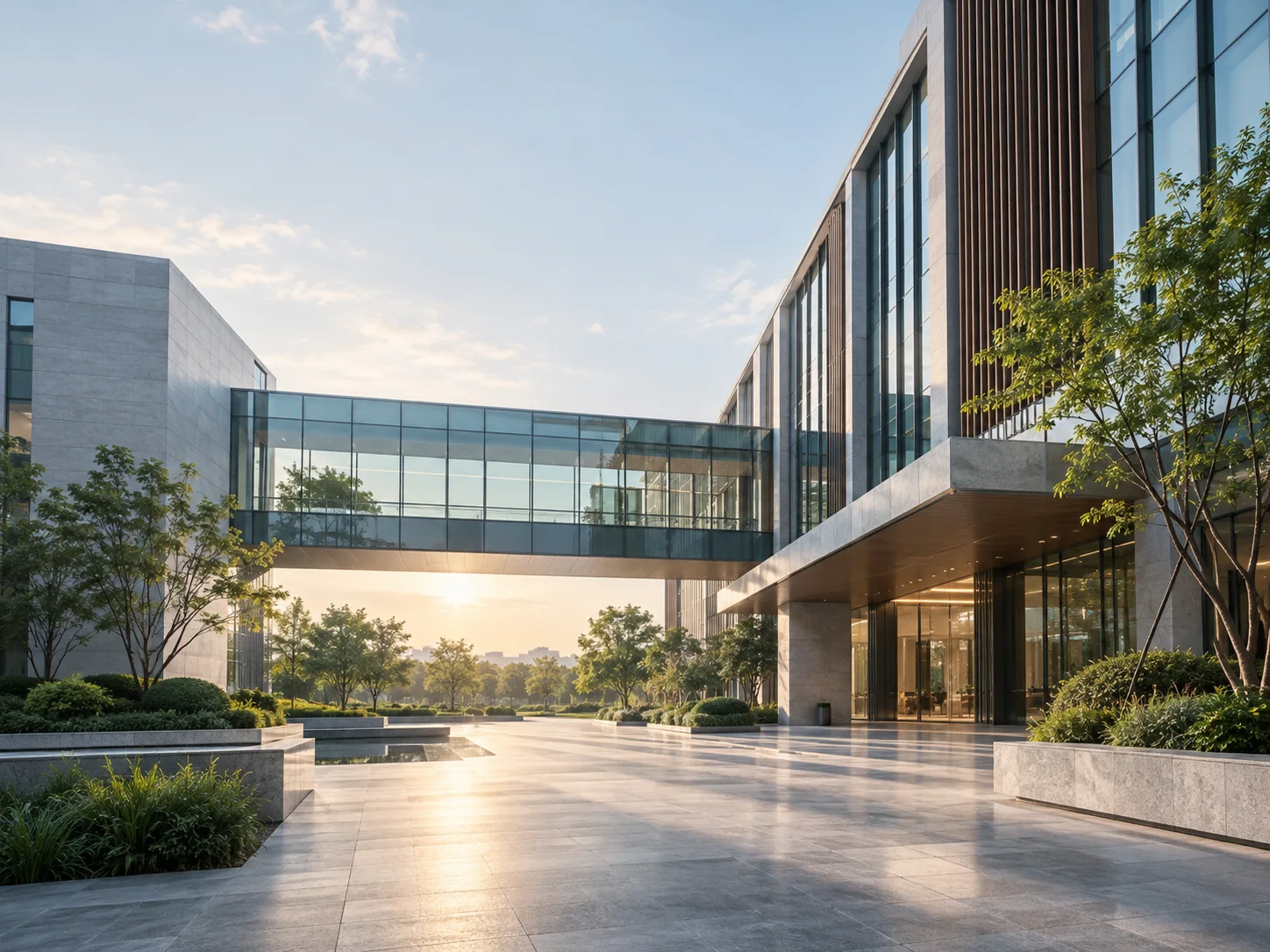 两翼不同材质的建筑通过通透廊桥相连,体量真实克制,以空间关系表达调整与协同