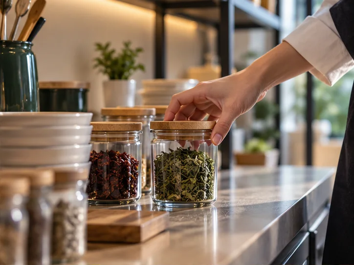 一只手在干净备餐工作区摆正玻璃器皿，检查经营准备