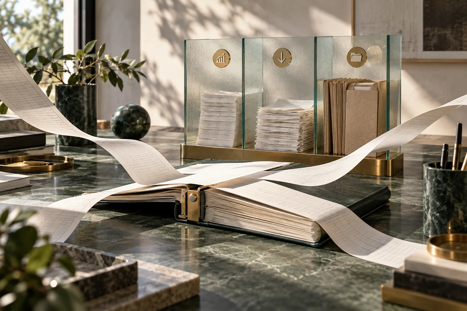 几条有重量的纸质记录带从不同方向归入一本精工册页，玻璃隔层将收入、支出和存档以实体层次呈现，不出现文字数字