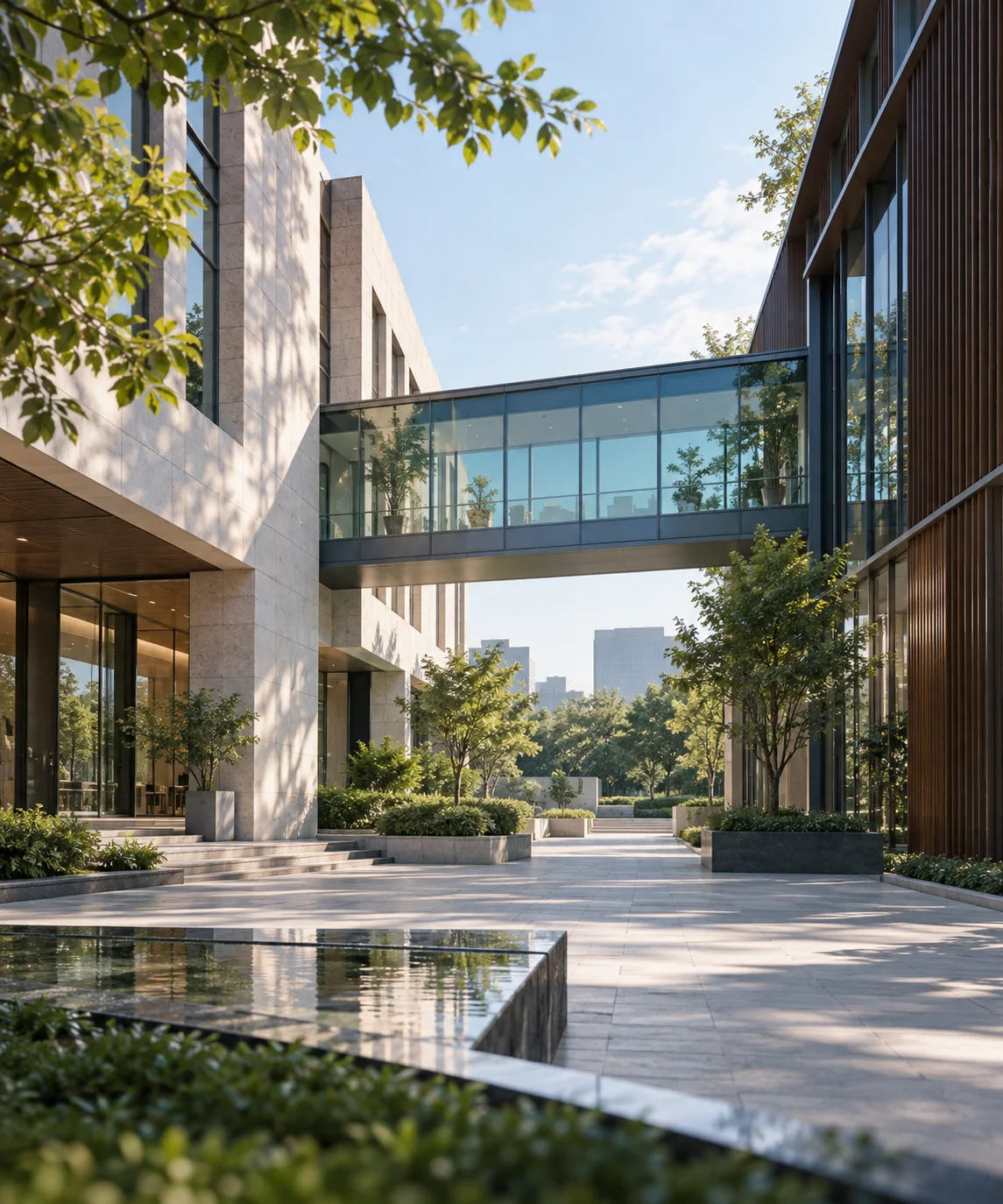 两翼不同材质的建筑通过通透廊桥相连,体量真实克制,以空间关系表达调整与协同