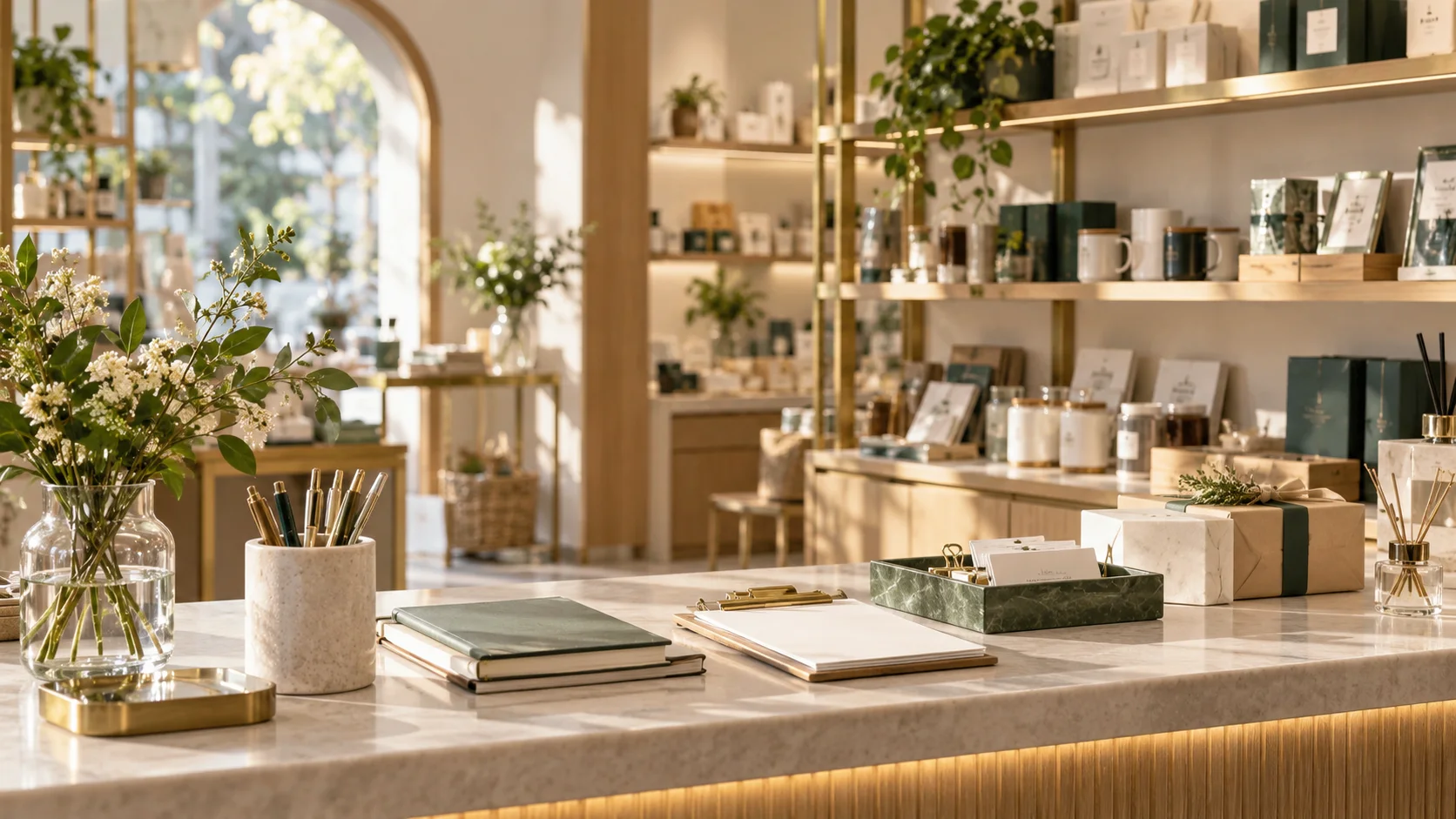 精致小型零售空间的陈列架、产品和空白订单卡,前后景有层次