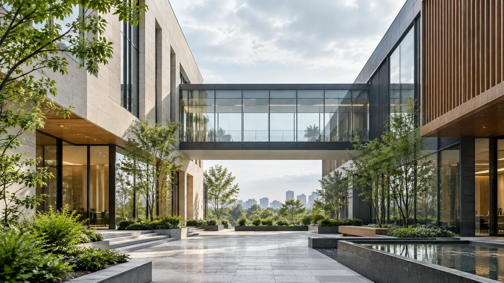 两翼不同材质的建筑通过通透廊桥相连,体量真实克制,以空间关系表达调整与协同