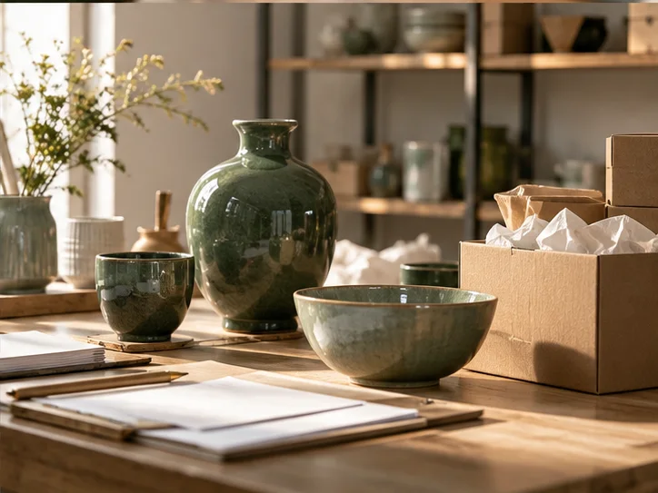 产品设计工作室的陶瓷和包装样品，旁边只有少量业务记录，账务支持产品经营的关系明确