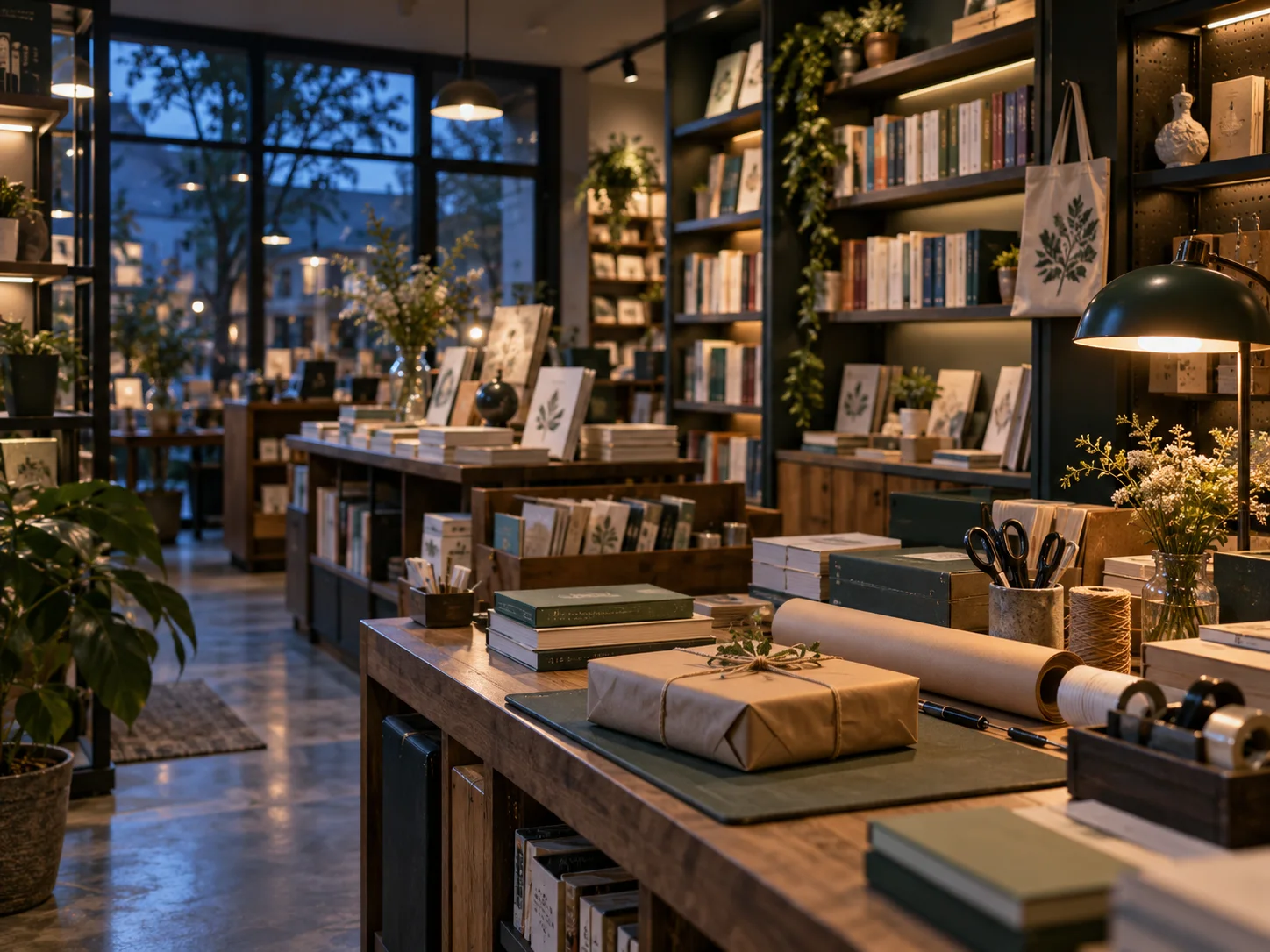 小型图书与文创门店的货架和包装区,书脊无可读文字,表现经营条件准备