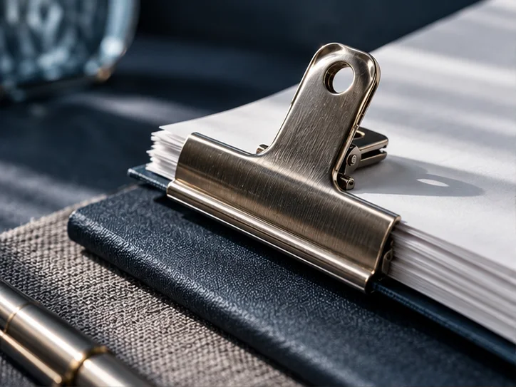 精致金属票据夹与无字纸张的微距，清楚的接触阴影表达归集与细致