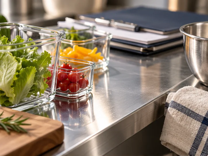 食品经营准备所用不锈钢操作台与干净玻璃食品器皿的精细接触处，背景带少量准备资料