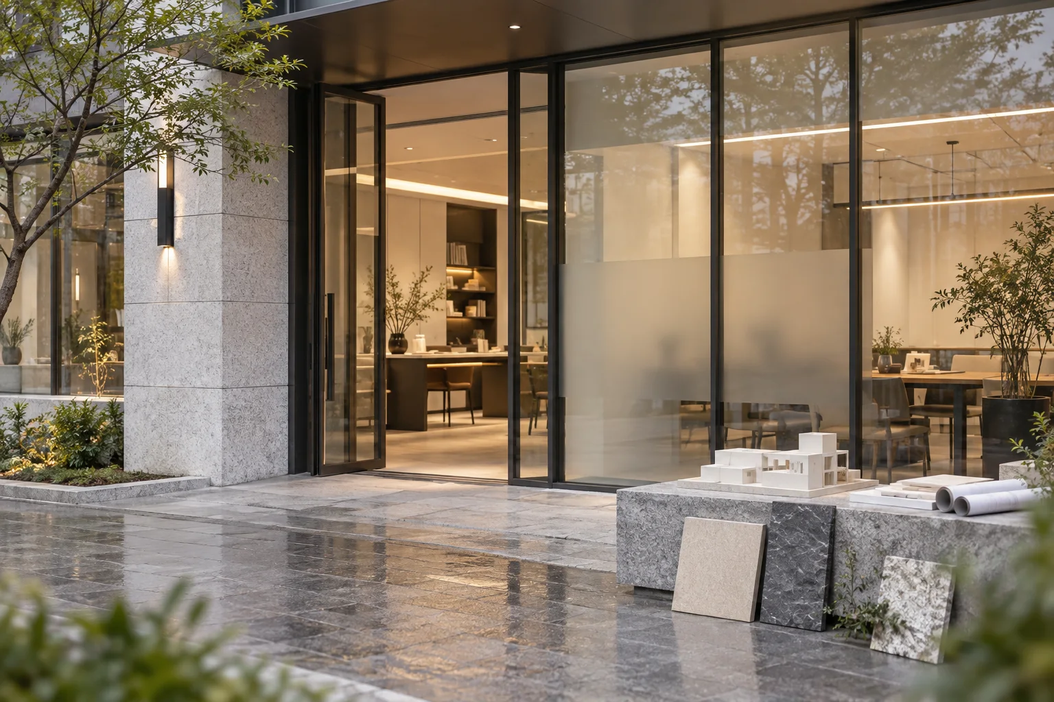 有石材门庭与磨砂玻璃的沿街商业空间,前景可见待布置的展示样品
